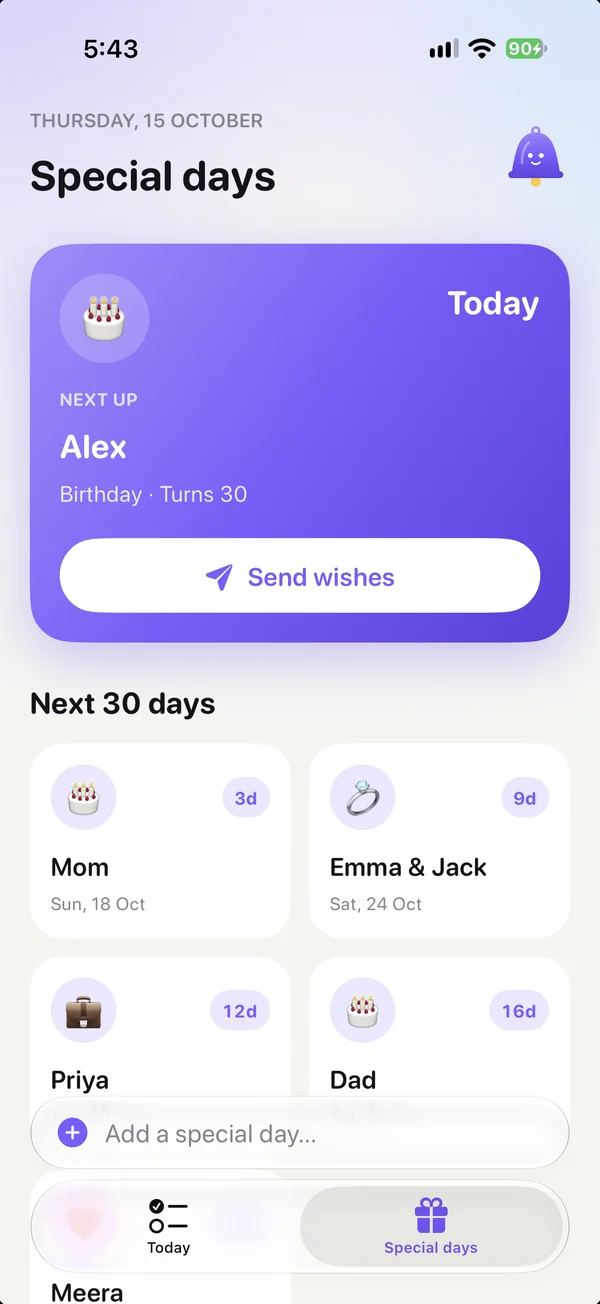 Foxnudge Special days screen: Alex’s birthday is today, with Send wishes, and the next special days