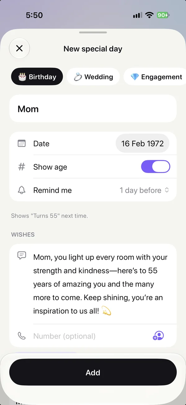 Adding Mom’s birthday in Foxnudge, with a birthday message written by AI